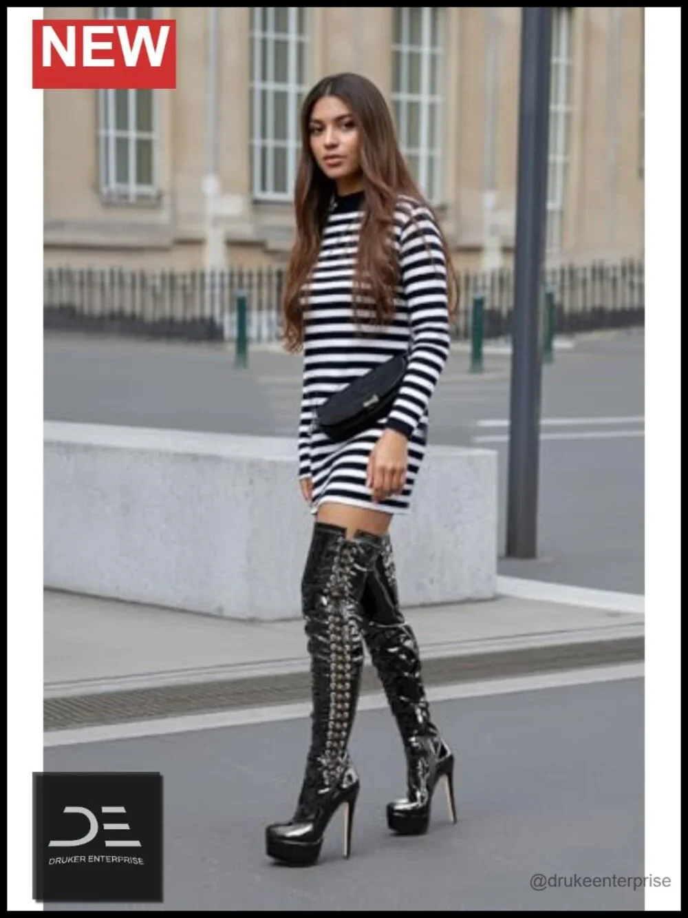 Women's Patent Leather Over The Knee Platform Stiletto Lace-Up Zipper Boots 5.9